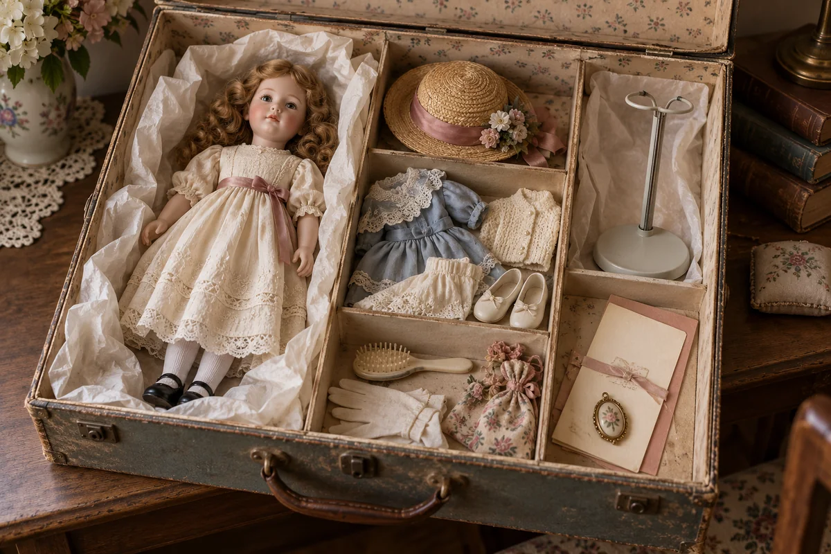 doll boxes, tags and paperwork collector reference scene